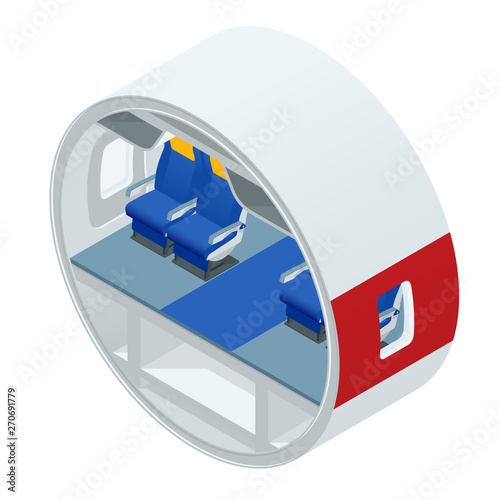 Isometric View of the Interior of an Airplane. Airplane passengers and crew.