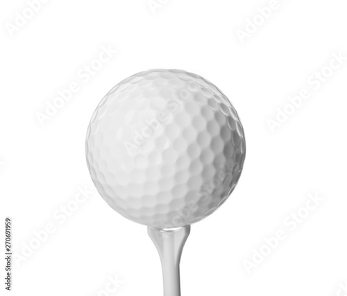 Golf ball and tee on white background. Sport equipment