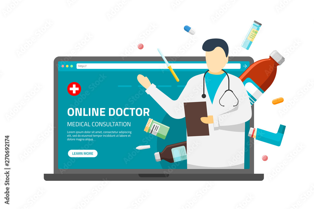 Online medical consultation support. Doctor therapist pharmacist man with stethoscope and medication tablets pills drugs on laptop screen. Vector illustration internet consulting pharmacy service Online medical consultation support. Doctor therapist pharmacist man with stethoscope and medication tablets pills drugs on laptop screen. Vector illustration internet consulting pharmacy service
