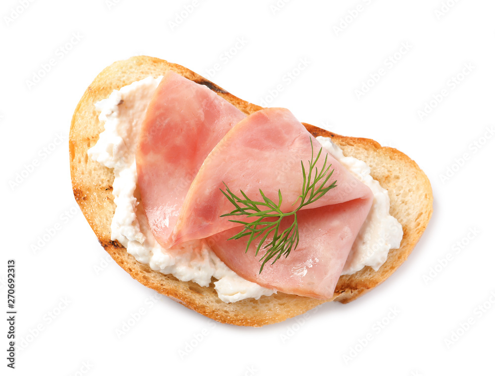 Tasty bruschetta with ham on white background, top view