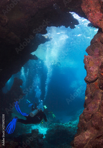 A diver explores the cracks, crevices and holes in a coral reef
