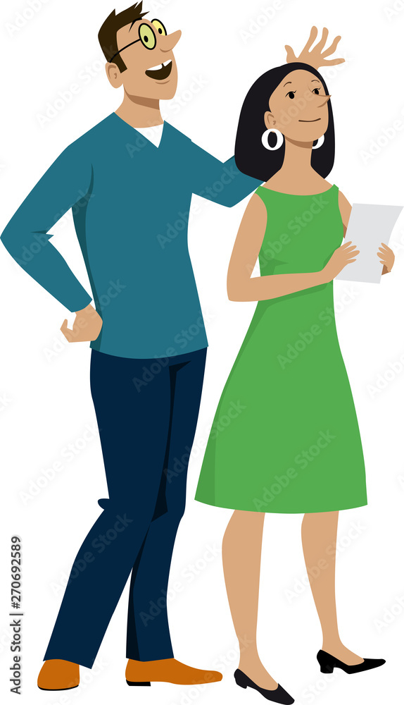 Fototapeta premium Modern young couple standing observing and discussing something, EPS 8 vector illustration