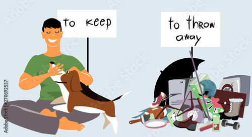 Man with a dog sitting under sign To keep nest to a pile of trash To throw away, EPS 8 vector illustration