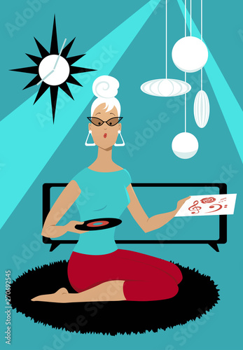 Woman sitting in a vintage apartment holding a vinyl record, EPS 8 vector illustration photo