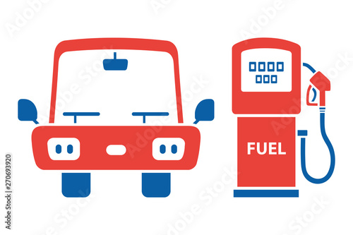 Car and fuel pump front view icon isolated. Gas or petrol filling station sign.