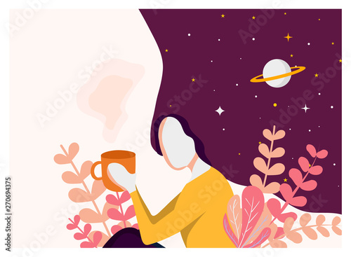 Vector illustration of cute girl drinking coffee or tea. Space  stars and planets  in dreams and thoughts. Imagination concept. Illustration for web
