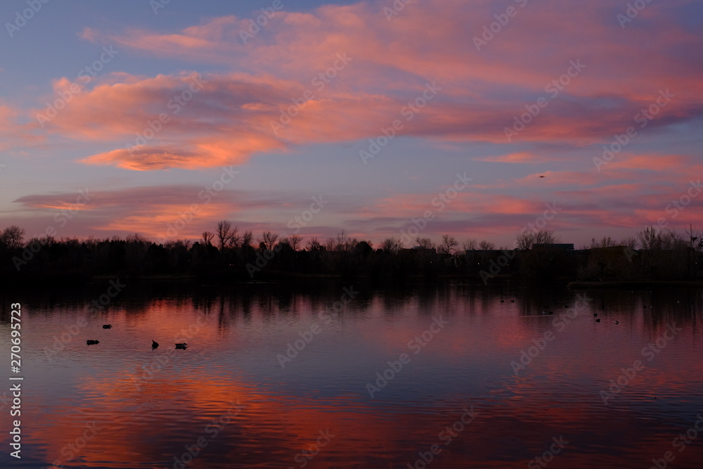 Sunset over a duck pond