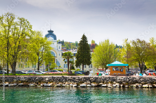Shore of Lake Geneva in City of Evian-les-Bains in France