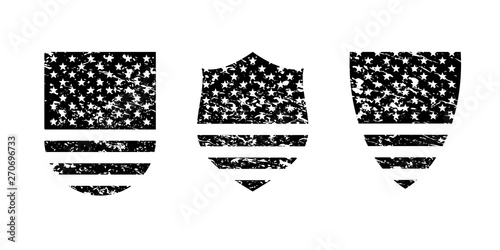 Vintage grunge shield with USA American flag set, black isolated on white background, vector illustration.