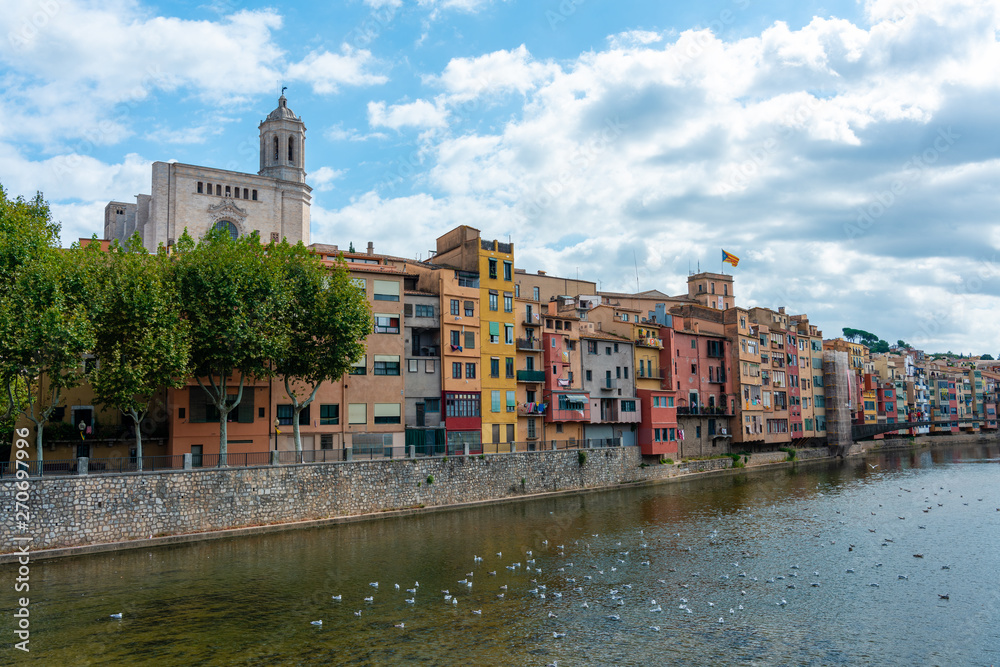 Girona Cathedral, birds on the water and multi colored houses from bridge on the Onyar River, Girona, Spain
