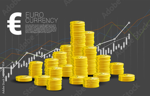 stack coin euro currency and good business chart background. Concept of euro success investment and growth in business. Euro zone economic photo