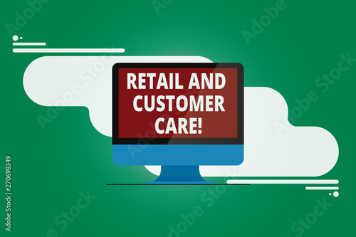 Writing note showing Retail And Customer Care. Business photo showcasing Shopping assistance store helping services Mounted Computer Monitor Blank Reflected Screen on Abstract Background photo