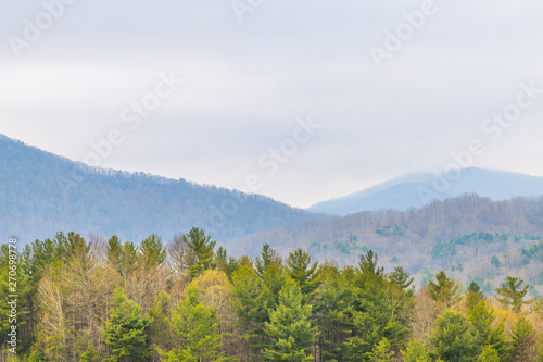 Smoky Mountains near Asheville, North Carolina at Tennessee border in spring with cloudy overcast sky
