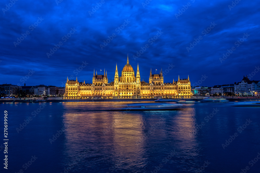 Hungarian Parliament and Danube River at Night