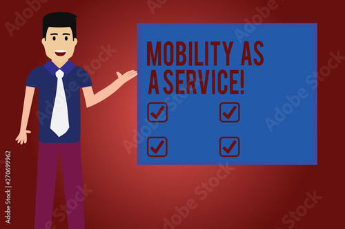 Text sign showing Mobility As A Service. Conceptual photo Mobile online technologies assistance support Man with Tie Standing Talking Presenting Blank Color Square Board photo