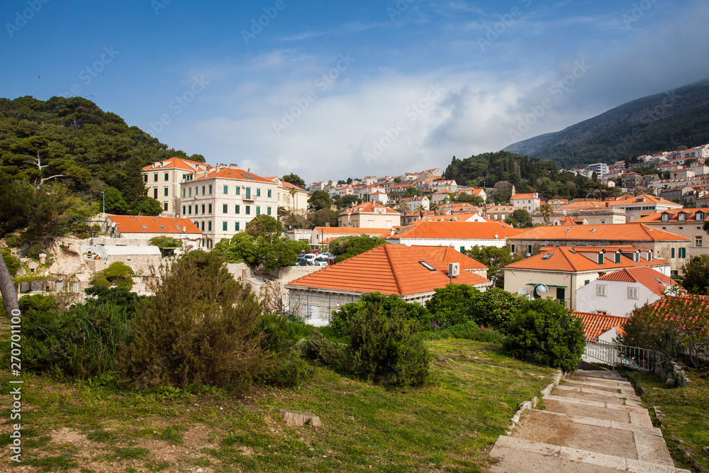 Dubrovnik city seen from the stairs to the Fort Lovrijenac