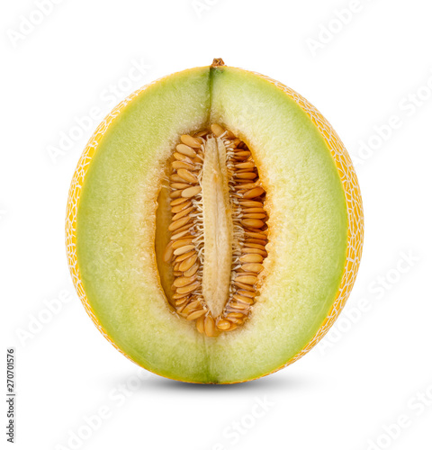 yellow half cantaloupe melon isolated on white background. full depth of field