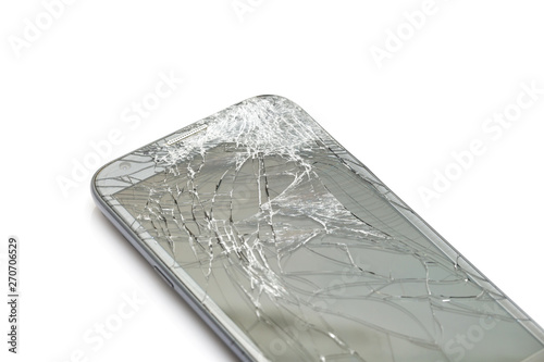 Close up of broken screen smart phone isolated on white