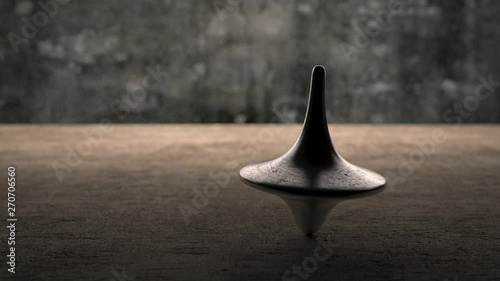 One spinning gyroscope, inception's gyro spinning top, on wooden table dirty concrete wall background, 3D rendering, animation. Dream and reality concept.