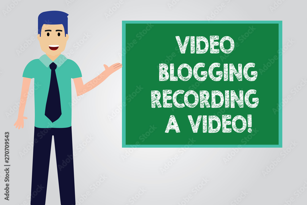 Handwriting text writing Video Blogging Recording A Video. Concept meaning Social media networking blogger influence Man with Tie Standing Talking Presenting Blank Color Square Board photo Handwriting text writing Video Blogging Recording A Video. Concept meaning Social media networking blogger influence Man with Tie Standing Talking Presenting Blank Color Square Board photo