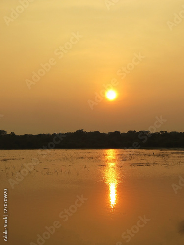 Yellow sun set over lake. Yala national park.