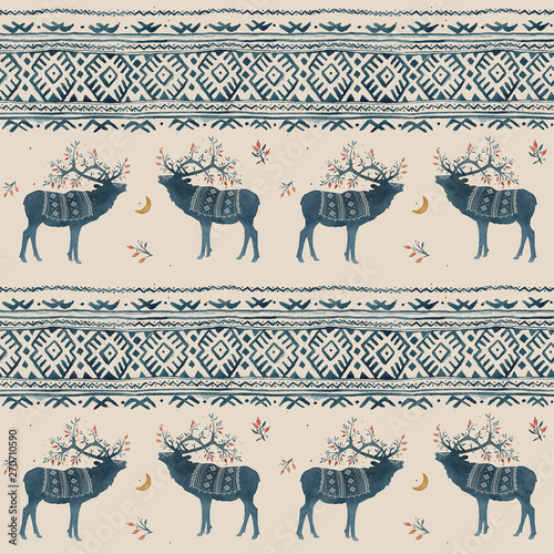 Seamless pattern with watercolor winter Scandinavian deer and national ornament in blue colors