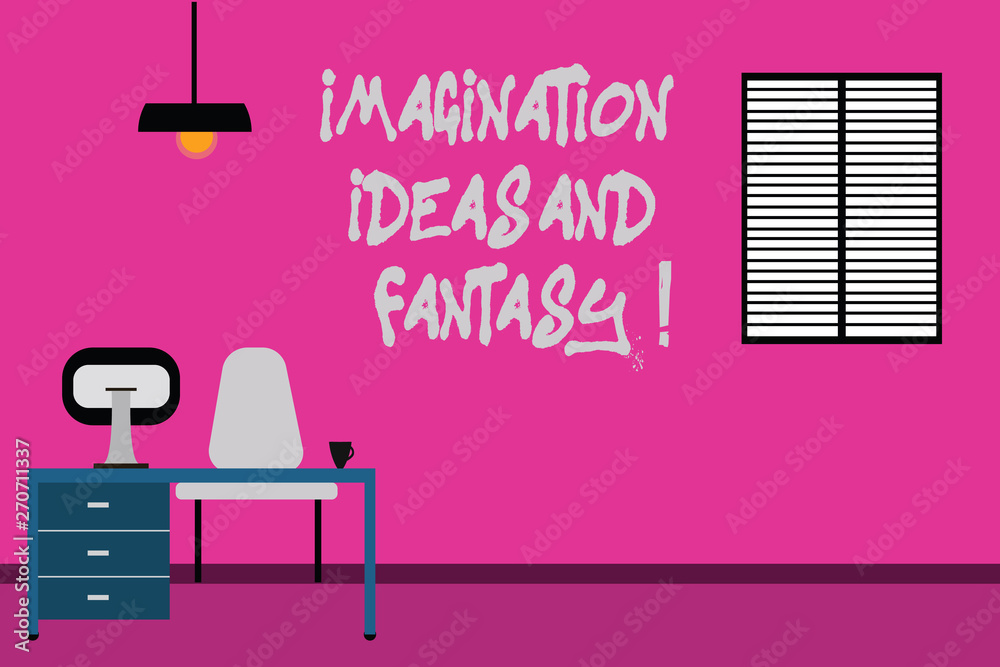 Writing note showing Imagination Ideas And Fantasy. Business photo showcasing Creativity inspirational creative thinking Minimalist Interior Computer and Study Area Inside a Room