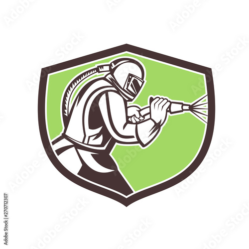 Mascot icon illustration of a sandblaster or sand blaster abrasive blasting viewed from side set inside crest or shield on isolated background in retro style.