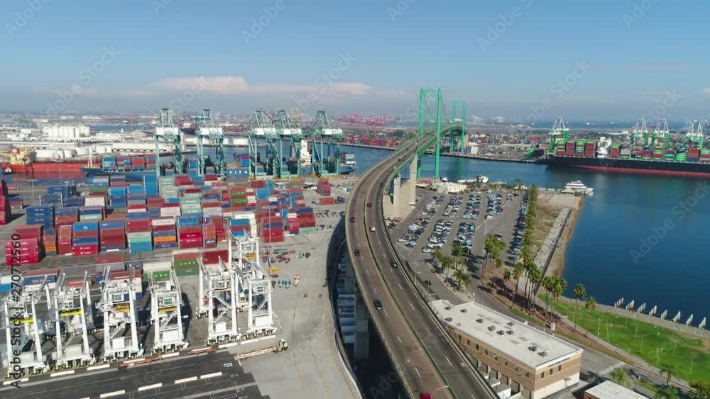 Fly over the bridge in the port of Los Angeles