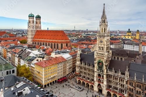 Aerial cityscape of Munich historical center with New Town Hall on Marienplatz and Frauenkirche. Germany