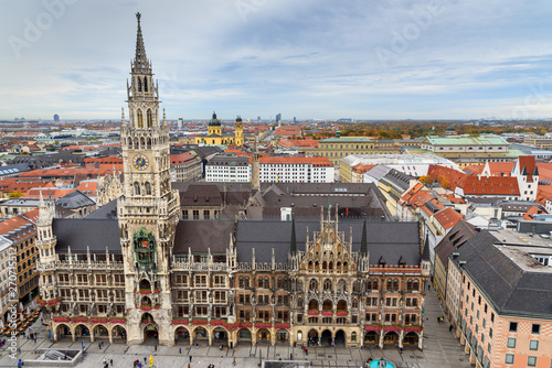 Aerial cityscape of Munich historical center with New Town Hall, town hall on Marienplatz. Germany