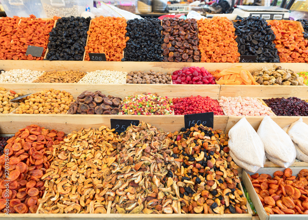 Various colorful sweets and dry fruits.