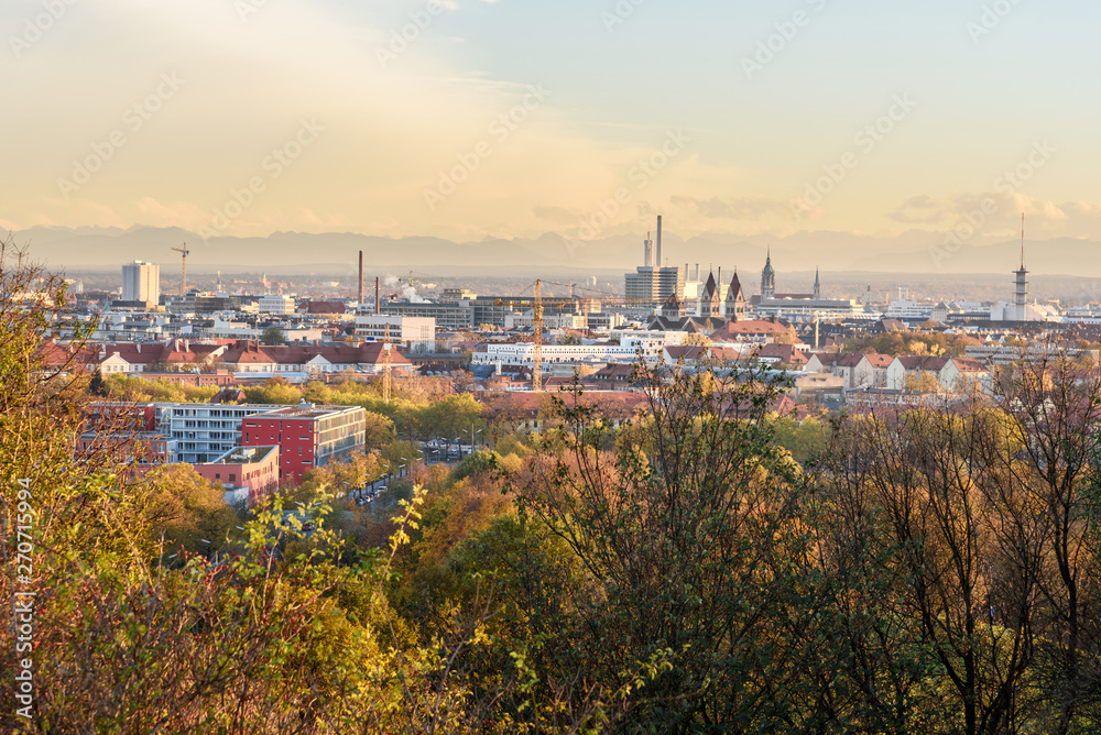 View on Munich from Olympic Park on sunset. Germany