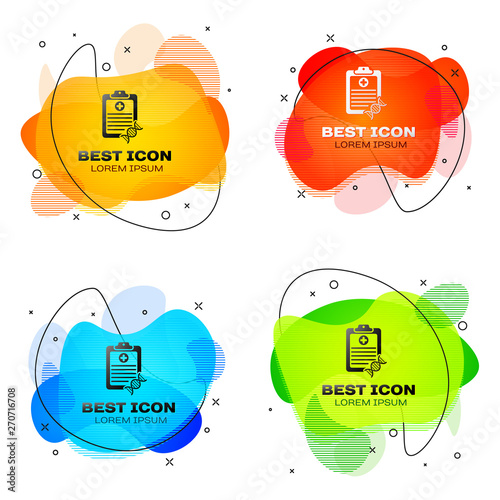 Black Clipboard with DNA analysis icon isolated. Genetic engineering, genetics testing, cloning, paternity testing. Set of liquid color abstract geometric shapes. Vector Illustration