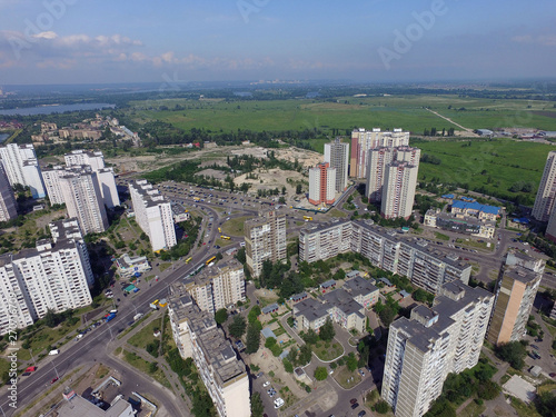 Modern residential area of Kiev at summer time (drone image). Ukraine