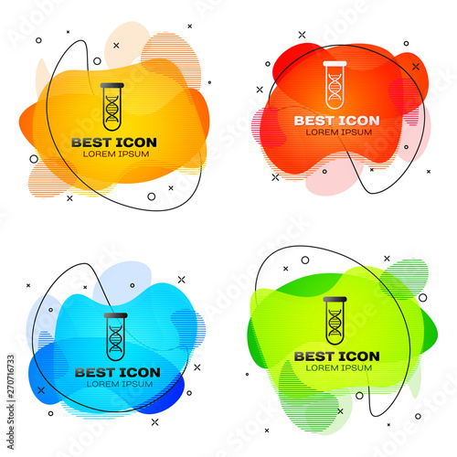 Black DNA research, search icon isolated. Genetic engineering, genetics testing, cloning, paternity testing. Set of liquid color abstract geometric shapes. Vector Illustration