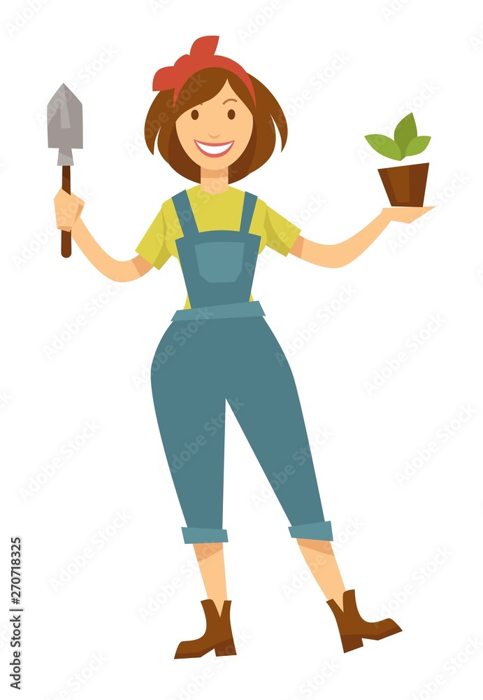 Woman gardener with plant in pot and spade planting and growing Woman gardener with plant in pot and spade planting and growing