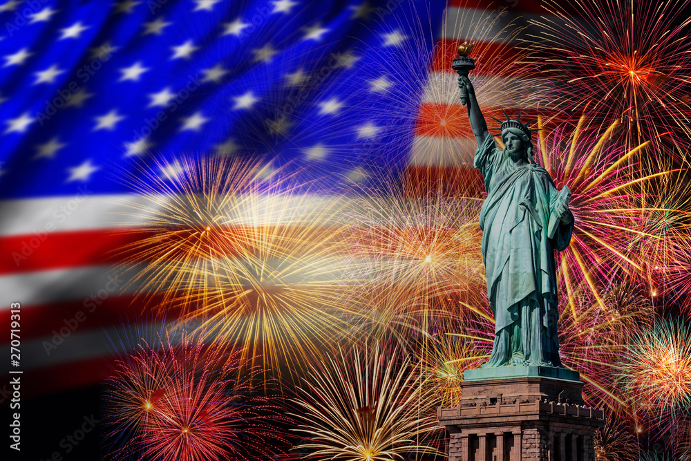 Statue of Liberty over the Multicolor Fireworks Celebrate with the United state of America USA flag background, 4th of July and Independence day concept
