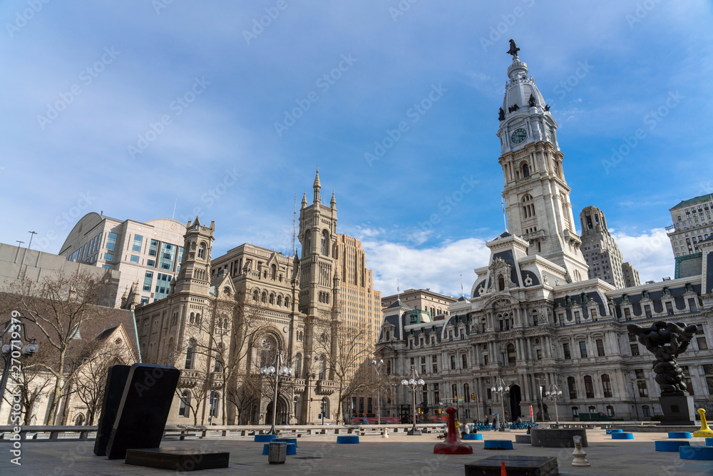 Scene of Philadelphia city hall, Masonic Temple and Arch Street United Methodist Church, Architecture and building with tourist concept