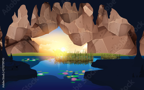 landscape of cave at the river in the morning