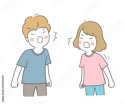 Draw a boy and girl quarreling so angry and shouting.