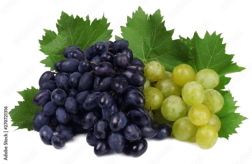 Black and green grapes with leaves isolated on white