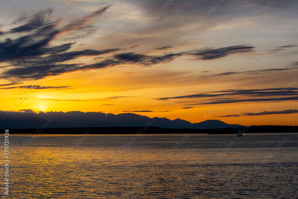 Sunset Mountains Water Clouds