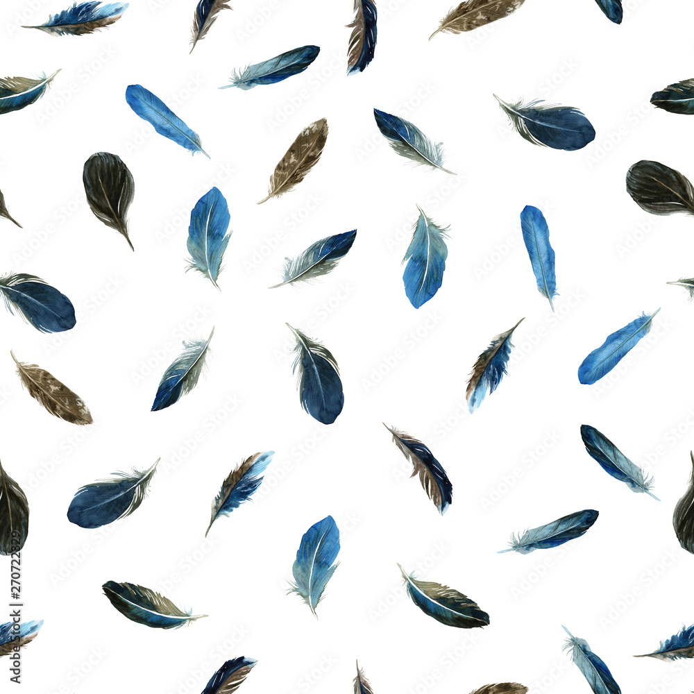Seamless pattern with feathers. Drawn with watercolor, ink and pen. For fabric, paper, cards, invitations, envelopes, save the date and other.
