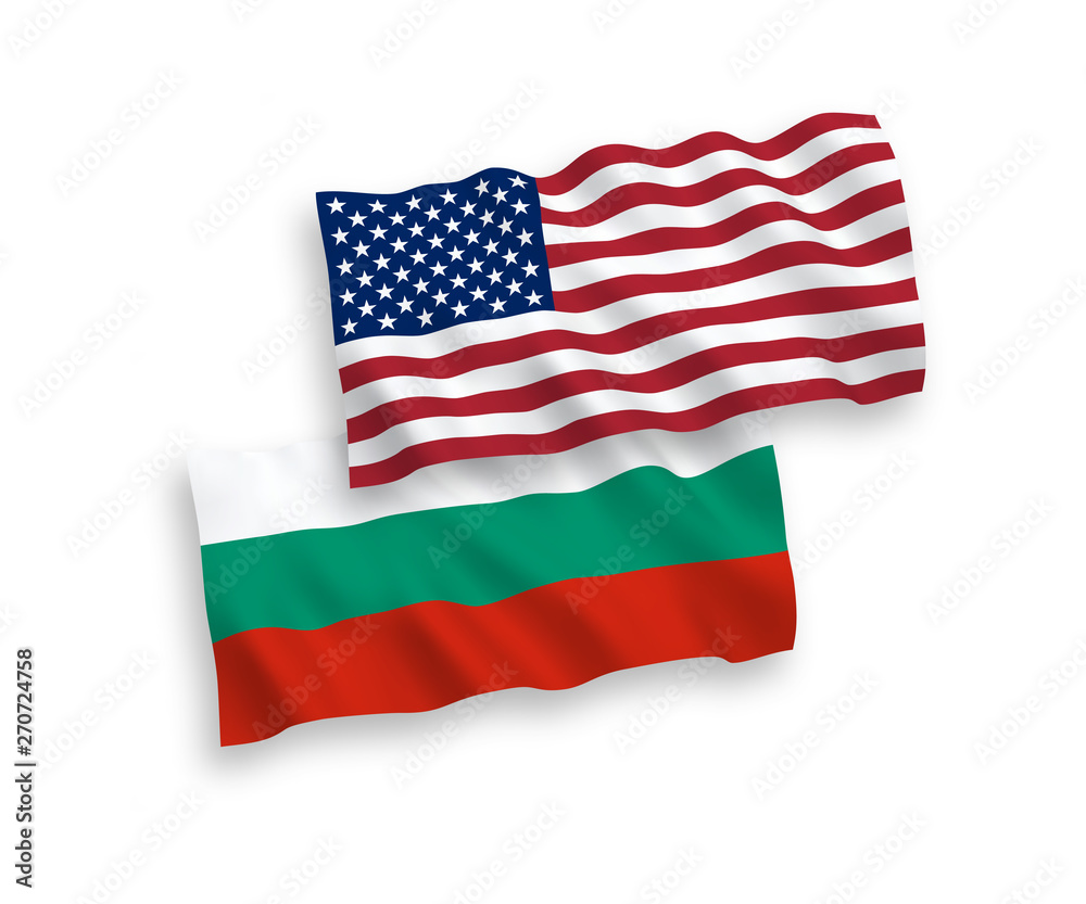 Obraz premium National vector fabric wave flags of Bulgaria and America isolated on white background. 1 to 2 proportion.