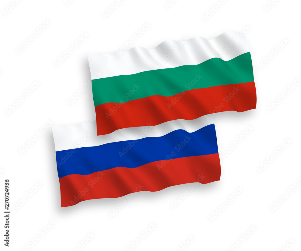 Obraz premium National vector fabric wave flags of Bulgaria and Russia isolated on white background. 1 to 2 proportion.