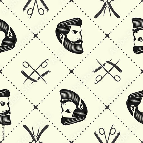 Barbershop seamless pattern with hipster face, hairdressing scissors and razor. Vector illustration.