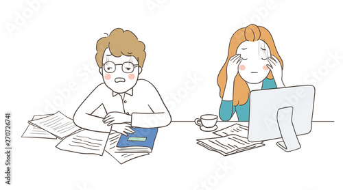 Draw business man and woman with burnout syndrome.