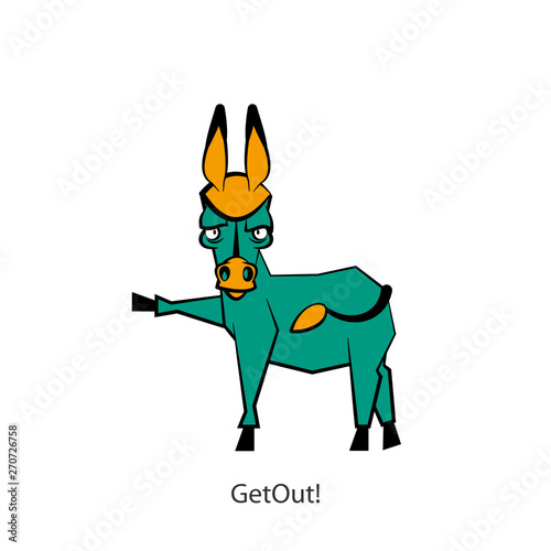 Cartoon character farm animal. A funny, cool, serious donkey stands with one leg up and grimaces against a white background. Vector illustration. Catches a taxi. Get out!