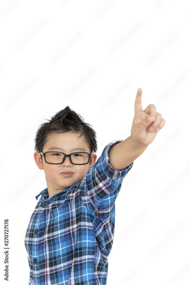 Little child in glasses feels like confident on white background on isolated Little child in glasses feels like confident on white background on isolated